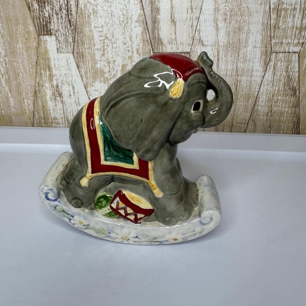 Vintage Ceramic Rocking Elephant Figurine Red Blanket Drum Accent